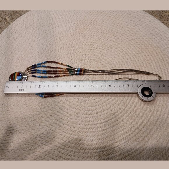 Vintage 5 Strand Liquid Silver with Multi Stone Inlaid Necklace - 16 inches - Picture 10 of 10